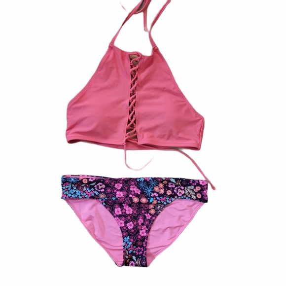 Aerie halter top style two Piece Orange and blue floral Swimsuit Sz Medium - Picture 1 of 14